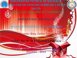 Universidad técnica de Machala
Facultad de ciencias químicas y de la
salud
ESCUELA DE BIOQUÍMICA Y FARMACIA
Asignatura: TOXICOLOGÍA
Tema: VINCULACIÓN CON LA COMUNIDAD
Docente: Bioq. Carlos García Msc
CURSO: 5to “A” de Bioquímica y Farmacia
Alumna: Teresa Katherine Gomezcoello V.
Machala - 2014