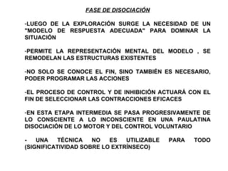 FASE DE DISOCIACIÓN

-LUEGO DE LA EXPLORACIÓN SURGE LA NECESIDAD DE UN
"MODELO DE RESPUESTA ADECUADA" PARA DOMINAR LA
SITUACIÓN

-PERMITE LA REPRESENTACIÓN MENTAL DEL MODELO , SE
REMODELAN LAS ESTRUCTURAS EXISTENTES

-NO SOLO SE CONOCE EL FIN, SINO TAMBIÉN ES NECESARIO,
PODER PROGRAMAR LAS ACCIONES

-EL PROCESO DE CONTROL Y DE INHIBICIÓN ACTUARÁ CON EL
FIN DE SELECCIONAR LAS CONTRACCIONES EFICACES

-EN ESTA ETAPA INTERMEDIA SE PASA PROGRESIVAMENTE DE
LO CONSCIENTE A LO INCONSCIENTE EN UNA PAULATINA
DISOCIACIÓN DE LO MOTOR Y DEL CONTROL VOLUNTARIO

-   UNA    TÉCNICA   NO   ES   UTILIZABLE   PARA   TODO
(SIGNIFICATIVIDAD SOBRE LO EXTRÍNSECO)
 
