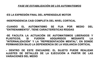 FASE DE ESTABILIZACIÓN DE LOS AUTOMATISMOS


-ES LA EXPRESIÓN FINAL DEL APRENDIZAJE MOTOR

-INDEPENDENCIA CASI COMPLETA DEL NIVEL CORTICAL

-CUANDO  EL   AUTOMATISMO     SE   FIJA  POR   MEDIO   DEL
"ENTRENAMIENTO", TIENE CARACTERÍSTICAS RÍGIDAS

-SE FACILITA LA ACTUACIÓN DE AUTOMATISMOS LIBERADOS Y
PLÁSTICOS,    SI   FUERON    ADQUIRIDOS    MEDIANTE    LA
"INTERNALIZACIÓN" Y LA "REPRESENTACIÓN MENTAL", EN DONDE
PERMANECEN BAJO LA DEPENDENCIA DE LA VIGILANCIA CORTICAL

- DENTRO DE ESTE ENCUADRE: EL SUJETO PUEDE REALIZAR
AJUSTES DE DETALLES DE LA EJECUCIÓN A PARTIR DE LAS
VARIACIONES DEL MEDIO
 