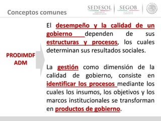 Conceptos comunes
El desempeño y la calidad de un
gobierno dependen de sus
estructuras y procesos, los cuales
determinan sus resultados sociales.
La gestión como dimensión de la
calidad de gobierno, consiste en
identificar los procesos mediante los
cuales los insumos, los objetivos y los
marcos institucionales se transforman
en productos de gobierno.
PRODIMDF
ADM
 