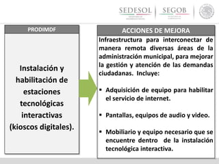 PRODIMDF
Instalación y
habilitación de
estaciones
tecnológicas
interactivas
(kioscos digitales).
ACCIONES DE MEJORA
Infraestructura para interconectar de
manera remota diversas áreas de la
administración municipal, para mejorar
la gestión y atención de las demandas
ciudadanas. Incluye:
 Adquisición de equipo para habilitar
el servicio de internet.
 Pantallas, equipos de audio y video.
 Mobiliario y equipo necesario que se
encuentre dentro de la instalación
tecnológica interactiva.
 