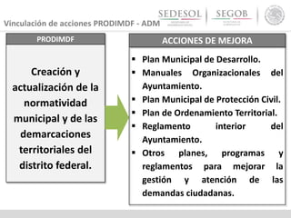 Vinculación de acciones PRODIMDF - ADM
PRODIMDF
Creación y
actualización de la
normatividad
municipal y de las
demarcaciones
territoriales del
distrito federal.
ACCIONES DE MEJORA
 Plan Municipal de Desarrollo.
 Manuales Organizacionales del
Ayuntamiento.
 Plan Municipal de Protección Civil.
 Plan de Ordenamiento Territorial.
 Reglamento interior del
Ayuntamiento.
 Otros planes, programas y
reglamentos para mejorar la
gestión y atención de las
demandas ciudadanas.
 