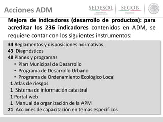Acciones ADM
34 Reglamentos y disposiciones normativas
43 Diagnósticos
48 Planes y programas
• Plan Municipal de Desarrollo
• Programa de Desarrollo Urbano
• Programa de Ordenamiento Ecológico Local
1 Atlas de riesgos
1 Sistema de información catastral
1 Portal web
1 Manual de organización de la APM
21 Acciones de capacitación en temas específicos
Mejora de indicadores (desarrollo de productos): para
acreditar los 236 indicadores contenidos en ADM, se
requiere contar con los siguientes instrumentos:
 