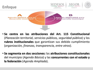 • Se centra en las atribuciones del Art. 115 Constitucional
(Planeación territorial, servicios públicos, seguridad pública) y los
rubros institucionales que garantizan sus debido cumplimiento
(organización, finanzas, transparencia, entre otros).
• Se segmenta en dos secciones: las atribuciones constitucionales
del municipio (Agenda Básica) y las concurrentes con el estado y
la federación (Agenda Ampliada).
Enfoque
 
