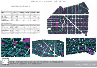 MASTER SISTEMAS DE INFORMACIÓN GEO-
GRÁFICA APLICADOS A LA ORDENACIÓN DEL
TERRITORIO, EL URBANISMO Y EL PAISAJE.
Curso 2016-2017. Sara Thabit Gonzalez.
PRÁCTICA DE VERIFICACIÓN. ASIGNATURA 09.3
Vinculación de Cityengine con bases de datos oficiales
S T
9 . 0 3
MODELO CON ALTURA DE PISO DE 3m
Reporte por manzanas
Manzanas reporte
Reporte ciudad completa
PARTE 2: IMPORTACIÓN ARCHIVO .SHP, ELEVACIÓN POR ALTURAS Y CALCULO DE INFORMES
 