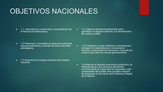 OBJETIVOS NACIONALES
 1.1 Garantizar la continuidad y consolidación de
la Revolución Bolivariana.
 1.2 Preservar y consolidar la soberanía sobre los
recursos petroleros y demás recursos naturales
estratégicos.
 1.3 Garantizar el manejo soberano del ingreso
nacional.
 1.4 Lograr la soberanía alimentaria para
garantizar el sagrado derecho a la alimentación
de nuestro pueblo.
 1.5 Fortalecer el poder defensivo nacional para
proteger la Independencia y la soberanía
nacional, asegurando los recursos y riquezas de
nuestro país para las futuras generaciones.
 1.6 Adecuar el aparato económico productivo, la
infraestructura y los servicios del Estado
incrementando la capacidad de respuesta a las
necesidades del pueblo ante posibles estados
de excepción en el marco de la Defensa Integral
de la Nación.
 