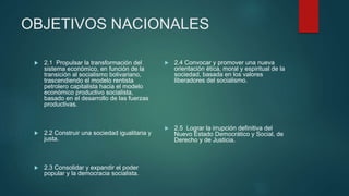OBJETIVOS NACIONALES
 2.1 Propulsar la transformación del
sistema económico, en función de la
transición al socialismo bolivariano,
trascendiendo el modelo rentista
petrolero capitalista hacia el modelo
económico productivo socialista,
basado en el desarrollo de las fuerzas
productivas.
 2.2 Construir una sociedad igualitaria y
justa.
 2.3 Consolidar y expandir el poder
popular y la democracia socialista.
 2.4 Convocar y promover una nueva
orientación ética, moral y espiritual de la
sociedad, basada en los valores
liberadores del socialismo.
 2.5 Lograr la irrupción definitiva del
Nuevo Estado Democrático y Social, de
Derecho y de Justicia.
 