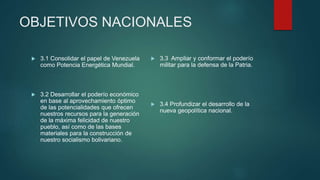 OBJETIVOS NACIONALES
 3.1 Consolidar el papel de Venezuela
como Potencia Energética Mundial.
 3.2 Desarrollar el poderío económico
en base al aprovechamiento óptimo
de las potencialidades que ofrecen
nuestros recursos para la generación
de la máxima felicidad de nuestro
pueblo, así como de las bases
materiales para la construcción de
nuestro socialismo bolivariano.
 3.3 Ampliar y conformar el poderío
militar para la defensa de la Patria.
 3.4 Profundizar el desarrollo de la
nueva geopolítica nacional.
 
