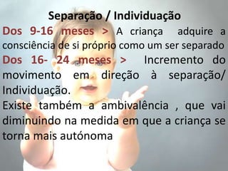 Separação / Individuação 
Dos 9-16 meses > A criança adquire a 
consciência de si próprio como um ser separado 
Dos 16- 24 meses > Incremento do 
movimento em direção à separação/ 
Individuação. 
Existe também a ambivalência , que vai 
diminuindo na medida em que a criança se 
torna mais autónoma 
 