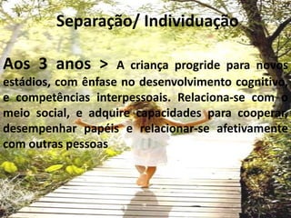 Separação/ Individuação 
Aos 3 anos > A criança progride para novos 
estádios, com ênfase no desenvolvimento cognitivo, 
e competências interpessoais. Relaciona-se com o 
meio social, e adquire capacidades para cooperar, 
desempenhar papéis e relacionar-se afetivamente 
com outras pessoas 
 