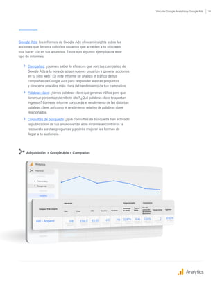 Vincular Google Analytics y Google Ads 14
Google Ads: los informes de Google Ads ofrecen insights sobre las
acciones que llevan a cabo los usuarios que acceden a tu sitio web
tras hacer clic en tus anuncios. Estos son algunos ejemplos de este
tipo de informes:
›› Campañas: ¿quieres saber lo eficaces que son tus campañas de
Google Ads a la hora de atraer nuevos usuarios y generar acciones
en tu sitio web? En este informe se analiza el tráfico de tus
campañas de Google Ads para responder a estas preguntas
y ofrecerte una idea más clara del rendimiento de tus campañas.
›› Palabras clave: ¿tienes palabras clave que generan tráfico pero que
tienen un porcentaje de rebote alto? ¿Qué palabras clave te aportan
ingresos? Con este informe conocerás el rendimiento de las distintas
palabras clave, así como el rendimiento relativo de palabras clave
relacionadas.
›› Consultas de búsqueda: ¿qué consultas de búsqueda han activado
la publicación de tus anuncios? En este informe encontrarás la
respuesta a estas preguntas y podrás mejorar las formas de
llegar a tu audiencia.
Adquisición  Google Ads  Campañas
Analytics
 
