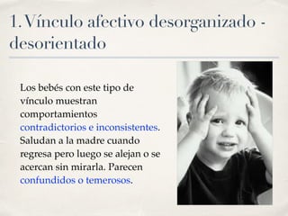 1. Vínculo afectivo desorganizado - 
desorientado 
Los bebés con este tipo de 
vínculo muestran 
comportamientos 
contradictorios e inconsistentes. 
Saludan a la madre cuando 
regresa pero luego se alejan o se 
acercan sin mirarla. Parecen 
confundidos o temerosos. 
 