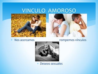 VINCULO AMOROSO
 Nos acercamos rompemos vínculos
 Deseos sexuales
 