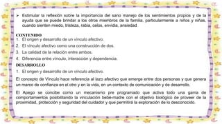  Estimular la reflexión sobre la importancia del sano manejo de los sentimientos propios y de la
ayuda que se puede brindar a los otros miembros de la familia, particularmente a niños y niñas,
cuando sienten miedo, tristeza, rabia, celos, envidia, ansiedad.
CONTENIDO
1. El origen y desarrollo de un vínculo afectivo.
2. El vínculo afectivo como una construcción de dos.
3. La calidad de la relación entre ambos.
4. Diferencia entre vínculo, interacción y dependencia.
DESARROLLO
1. El origen y desarrollo de un vínculo afectivo.
El concepto de Vínculo hace referencia al lazo afectivo que emerge entre dos personas y que genera
un marco de confianza en el otro y en la vida, en un contexto de comunicación y de desarrollo.
El Apego se concibe como un mecanismo pre programado que activa todo una gama de
comportamientos posibilitando la vinculación bebé-madre con el objetivo biológico de proveer de la
proximidad, protección y seguridad del cuidador y que permitirá la exploración de lo desconocido.
 