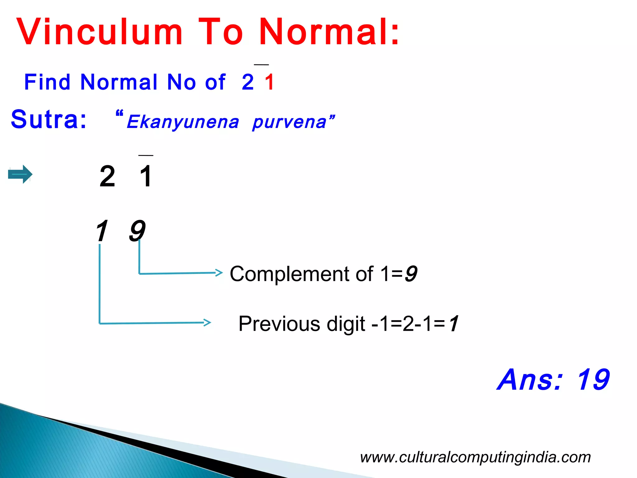 www.culturalcomputingindia.com
Vinculum To Normal:
Find Normal No of 2 1
91
Complement of 1=9
Previous digit -1=2-1=1
Ans: 19
Sutra: “Ekanyunena purvena”
2 1
 