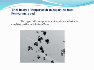 TEM image of iron oxide nanoparticle from
Pomegranate Seed
The TEM image of iron oxide nanoparticles synthesized using
fer...