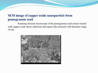 SEM image of copper oxide nanoparticle from
pomegranate peel
The formation of copper oxide nanoparticles as well as their
...