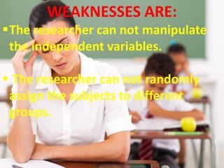 WEAKNESSES ARE:
The researcher can not manipulate
the independent variables.
 The researcher can not randomly
assign the subjects to different
groups.
 