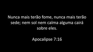Nunca mais terão fome, nunca mais terão
sede; nem sol nem calma alguma cairá
sobre eles.
Apocalipse 7:16
 
