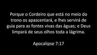 Porque o Cordeiro que está no meio do
trono os apascentará, e lhes servirá de
guia para as fontes vivas das águas; e Deus
limpará de seus olhos toda a lágrima.
Apocalipse 7:17
 
