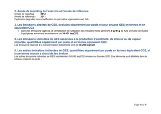 Page 4 sur 9 
2. Année de reporting de l’exercice et l’année de référence 
Année de reporting: 2012 
Année de référence : 2011 
Explication (signaler toute modification du périmètre organisationnel): NA 
3. Les émissions directes de GES, évaluées séparément par poste et pour chaque GES en tonnes et en équivalent CO2 
 Dans les émissions fugitives, la climatisation et l’utilisation des meubles froids génèrent, 9 224 kg de fuite annuelle de fluides frigorigènes entrainant les émissions de 34 421 teqCO2. 
4. Les émissions indirectes de GES associées à la production d’électricité, de chaleur ou de vapeur importée, quantifiées séparément par poste et en tonnes équivalent CO2 
Les émissions relatives à la consommation d’électricité sont de 38 296 teqCO2. 
5. Les autres émissions indirectes de GES, quantifiées séparément par poste en tonnes équivalent CO2, si la personne morale a choisi de les évaluer 
Les autres émissions indirectes de GES représentent 58 683 teqCO2 émises sur l’année 2011 Ces éléments sont détaillés dans le tableau présenté ci-après : 
 