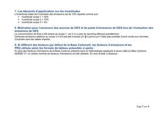 Page 7 sur 9 
7. Les éléments d’appréciation sur les incertitudes 
L’incertitude totale de l’inventaire des émissions est de 15% répartie comme suit : 
 incertitude scope 1 = 30% 
 incertitude scope 2 = 10% 
 incertitude scope 3 = 5% 
8. Motivation pour l’exclusion des sources de GES et de poste d’émissions de GES lors de l’évaluation des émissions de GES 
La consommation de fioul a été exclue du scope 1, car il n’y a pas de reporting effectué actuellement. 
Certaines émissions relatives au scope 3 n’ont pas été incluses (cf. §1) parce qu’il n’était pas possible d’avoir accès aux données d’activités dans les délais impartis. 
9. Si différent des facteurs par défaut de la Base Carbone®, les facteurs d’émissions et les 
PRG utilisés selon les formats de tableau présentés ci-après : 
En plus des facteurs d’émissions de la Base Carbone présents dans la méthodologie appliquée à savoir celle du Bilan Carbone ADEME V7, un certain nombre de facteurs d’émissions ont été utilisées. En voici la liste ci-dessous : 
 