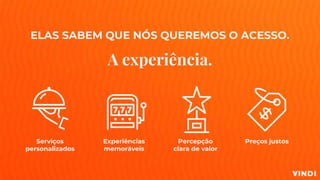 ELAS SABEM QUE NÓS QUEREMOS O ACESSO.
A experiência.
Experiências
memoráveis
Serviços
personalizados
Preços justosPercepção
clara de valor
 