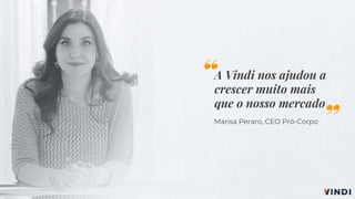 A Vindi nos ajudou a
crescer muito mais
que o nosso mercado
Marisa Peraro, CEO Pró-Corpo
“
”
 