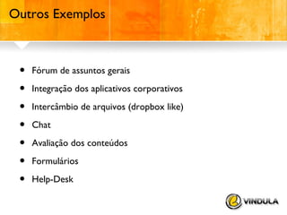 Outros Exemplos

•
•
•
•
•
•
•

Fórum de assuntos gerais
Integração dos aplicativos corporativos
Intercâmbio de arquivos (dropbox like)
Chat
Avaliação dos conteúdos
Formulários
Help-Desk

 