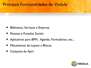 Principais Funcionalidades do Vindula

•
•
•
•
•

Biblioteca, Serviços e Empresa
Pessoas e Funções Sociais
Aplicativos para BPM, Agenda, Formulários, etc...
Mecanismos de Layout e Blocos
Conjunto de Api’s

 