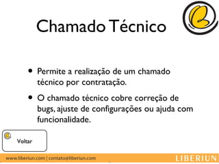 Chamado Técnico

    • Permite a realização de um chamado
         técnico por contratação.
    • O chamado técnico cobre correção de
         bugs, ajuste de configurações ou ajuda com
         funcionalidade.

Voltar
 