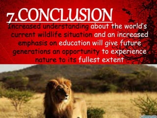 7.CONCLUSION Increased understanding about the world’s 
current wildlife situation and an increased 
emphasis on education will give future 
generations an opportunity to experience 
nature to its fullest extent 
 