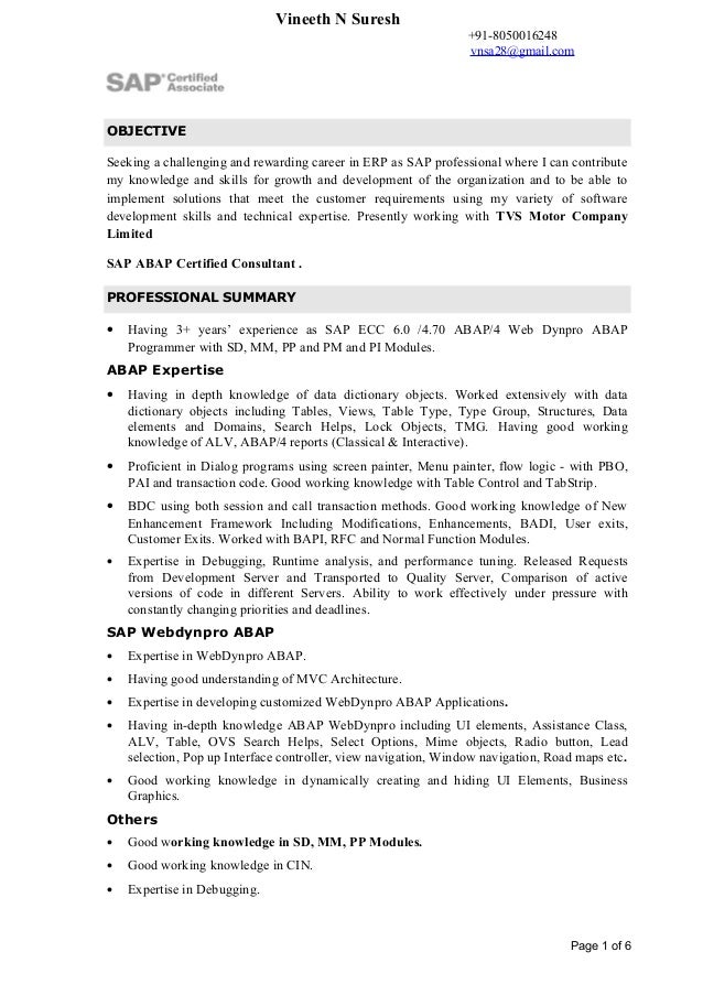 Sample resume for web dynpro