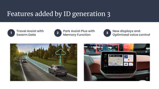 Features added by ID generation 3
Travel Assist with
Swarm Data
Park Assist Plus with
Memory Function
New displays and
Optimised voice control
1 2
1
3
 