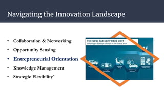 Navigating the Innovation Landscape
• Collaboration & Networking
• Opportunity Sensing
• Entrepreneurial Orientation
• Knowledge Management
• Strategic Flexibility`
 