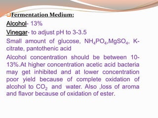 Fermentation Medium:
Alcohol- 13%
Vinegar- to adjust pH to 3-3.5
Small amount of glucose, NH4PO4,MgSO4, K-
citrate, pantothenic acid
Alcohol concentration should be between 10-
13%.At higher concentration acetic acid bacteria
may get inhibited and at lower concentration
poor yield because of complete oxidation of
alcohol to CO2 and water. Also ,loss of aroma
and flavor because of oxidation of ester.
 