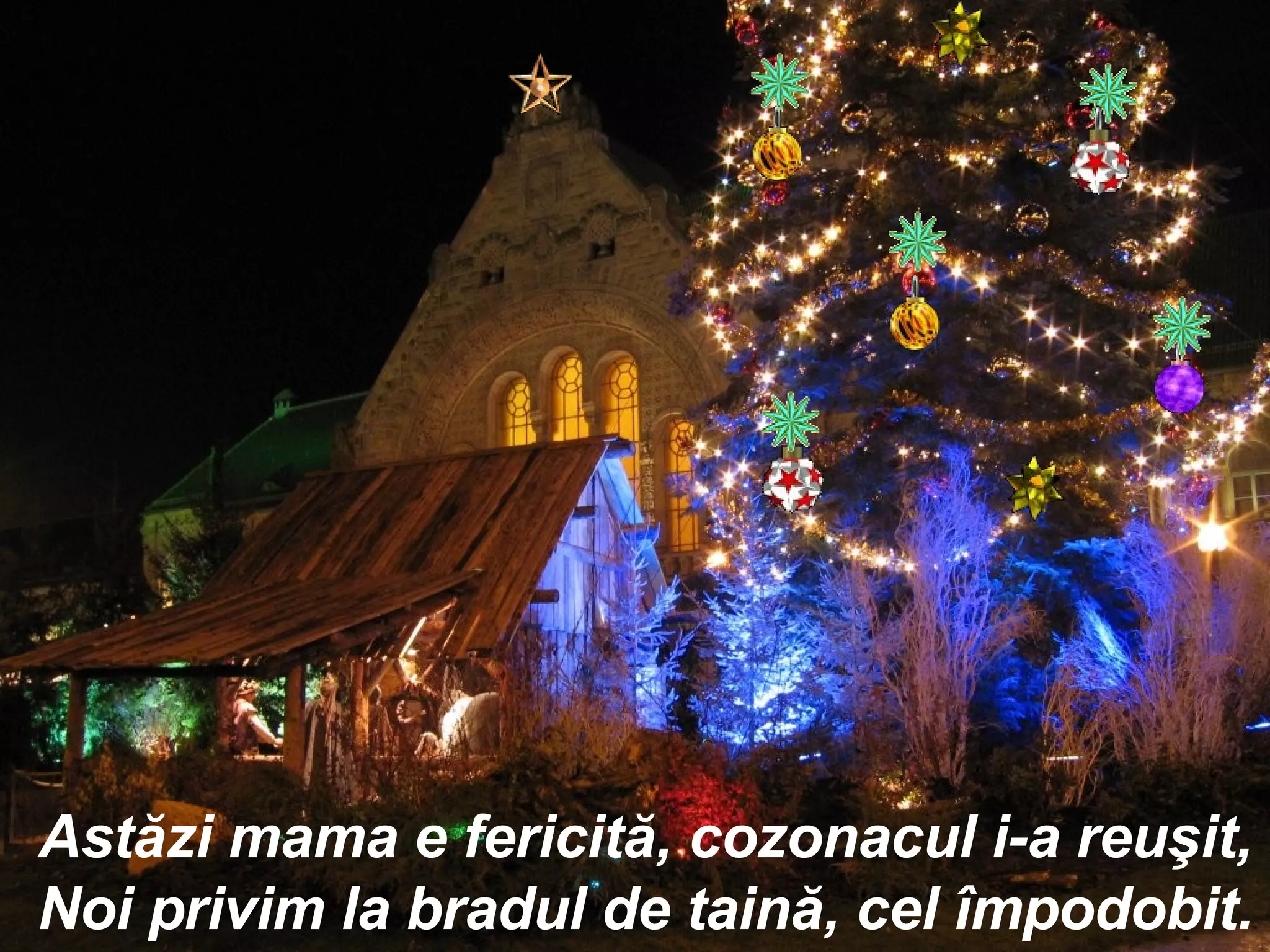 Astăzi mama e fericită, cozonacul i-a reuşit, Noi privim la bradul de taină, cel împodobit. 