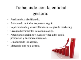 Trabajando con la entidad
              gestora:
• Analizando y planificando.
• Asesorando en todos los pasos a seguir.
• Implementando y desarrollando estrategias de marketing.
• Creando herramientas de comunicación.
• Potenciando acciones y eventos vinculados con la
  promoción y la comercialización.
• Dinamizando los actores.
• Marcando una hoja de ruta.
 