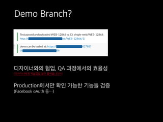 Demo Branch?
디자이너와의 협업, QA 과정에서의 효율성
Production에서만 확인 가능한 기능들 검증
(Facebook oAuth 등…)
 
