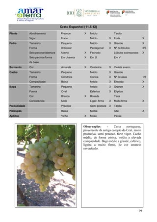 99
Crato Espanhol (11.5.12)
Planta Abrolhamento Precoce X Médio Tardio
Vigor Fraco Médio X Forte X
Folha Tamanho Pequeno Médio X Grande X
Forma Orbicular Pentagonal X Nº de lóbulos 3/5
Seio peciolar/abertura Aberto X Fechado Lóbulos sobrepostos X
Seio peciolar/forma
da base
Em chaveta X Em U Em V
Sarmento Cor Amarela X Castanha X Violeta averm.
Cacho Tamanho Pequeno Médio X Grande
Forma Cilíndrica Cónica X Nº de asas 1/2
Compacidade Baixa Média X Elevada X
Bago Tamanho Pequeno Médio X Grande X
Forma Oval Esférica X Elíptica
Cor Branca X Rosada Tinta
Consistência Mole Ligeir. firme X Muito firme X
Precocidade Precoce Semi precoce X Tardia
Produção Baixa Média Alta X
Aptidão Vinho X Mesa Passa
Observações: - Casta portuguesa,
proveniente da antiga coleção do Ceat, muito
produtiva, semi precoce, forte vigor. Cacho
médio, de forma cónica, média a elevada
compacidade. Bago médio a grande, esférico,
ligeira a muito firme, de cor amarelo
esverdeado.
 