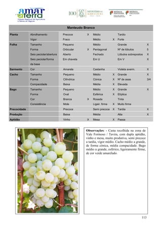 113
Manteudo Branco
Planta Abrolhamento Precoce X Médio Tardio
Vigor Fraco Médio X Forte
Folha Tamanho Pequeno Médio Grande X
Forma Orbicular X Pentagonal Nº de lóbulos 5
Seio peciolar/abertura Aberto Fechado Lóbulos sobrepostos X
Seio peciolar/forma
da base
Em chaveta Em U Em V X
Sarmento Cor Amarela Castanha Violeta averm. X
Cacho Tamanho Pequeno Médio X Grande X
Forma Cilíndrica Cónica X Nº de asas 3/4
Compacidade Baixa Média X Elevada
Bago Tamanho Pequeno Médio X Grande X
Forma Oval Esférica X Elíptica
Cor Branca X Rosada Tinta
Consistência Mole Ligeir. firme X Muito firme
Precocidade Precoce Semi precoce X Tardia X
Produção Baixa Média Alta X
Aptidão Vinho X Mesa X Passa
Observações: - Casta recolhida na zona de
Vale Formoso / Tavira, com dupla aptidão,
vinho e mesa, muito produtiva, semi precoce
a tardia, vigor médio. Cacho médio a grande,
de forma cónica, média compacidade. Bago
médio a grande, esférico, ligeiramente firme,
de cor verde amarelado.
 