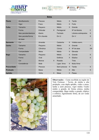 118
Beba
Planta Abrolhamento Precoce Médio X Tardio
Vigor Fraco Médio X Forte
Folha Tamanho Pequeno Médio X Grande
Forma Orbicular X Pentagonal Nº de lóbulos 5
Seio peciolar/abertura Aberto Fechado Lóbulos sobrepostos X
Seio peciolar/forma
da base
Em chaveta Em U Em V X
Sarmento Cor Amarela Castanha X Violeta averm.
Cacho Tamanho Pequeno Médio X Grande X
Forma Cilíndrica Cónica X Nº de asas 3/4
Compacidade Baixa Média X Elevada
Bago Tamanho Pequeno Médio X Grande X
Forma Oval Esférica X Elíptica X
Cor Branca X Rosada Tinta
Consistência Mole Ligeir. firme X Muito firme
Precocidade Precoce Semi precoce X Tardia X
Produção Baixa Média X Alta X
Aptidão Vinho X Mesa X Passa
Observações: - Casta recolhida na região de
Vale Formoso / Tavira, de média a alta
produção, com dupla aptidão, vinho e mesa,
tardia a semi precoce, vigor médio. Cacho
médio a grande, de forma cónica, média
compacidade. Bago médio a grande, elíptico
a esférico, ligeiramente firme, de cor verde
amarelado.
 