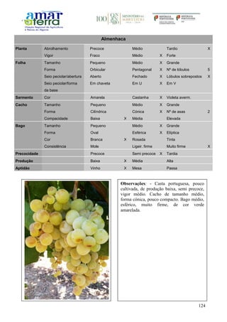 124
Almenhaca
Planta Abrolhamento Precoce Médio Tardio X
Vigor Fraco Médio X Forte
Folha Tamanho Pequeno Médio X Grande
Forma Orbicular Pentagonal X Nº de lóbulos 5
Seio peciolar/abertura Aberto Fechado X Lóbulos sobrepostos X
Seio peciolar/forma
da base
Em chaveta Em U X Em V
Sarmento Cor Amarela Castanha X Violeta averm.
Cacho Tamanho Pequeno Médio X Grande
Forma Cilíndrica Cónica X Nº de asas 2
Compacidade Baixa X Média Elevada
Bago Tamanho Pequeno Médio X Grande
Forma Oval Esférica X Elíptica
Cor Branca X Rosada Tinta
Consistência Mole Ligeir. firme Muito firme X
Precocidade Precoce Semi precoce X Tardia
Produção Baixa X Média Alta
Aptidão Vinho X Mesa Passa
Observações: - Casta portuguesa, pouco
cultivada, de produção baixa, semi precoce,
vigor médio. Cacho de tamanho médio,
forma cónica, pouco compacto. Bago médio,
esférico, muito firme, de cor verde
amarelada.
 