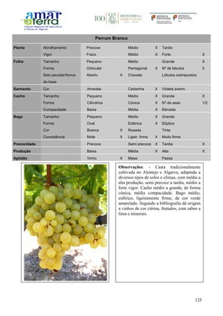 125
Perrum Branco
Planta Abrolhamento Precoce Médio X Tardio
Vigor Fraco Médio X Forte X
Folha Tamanho Pequeno Médio Grande X
Forma Orbicular Pentagonal X Nº de lóbulos 5
Seio peciolar/forma
da base
Aberto X Chaveta Lóbulos sobrepostos
Sarmento Cor Amarela Castanha X Violeta averm.
Cacho Tamanho Pequeno Médio X Grande X
Forma Cilíndrica Cónica X Nº de asas 1/2
Compacidade Baixa Média X Elevada
Bago Tamanho Pequeno Médio X Grande
Forma Oval Esférica X Elíptica
Cor Branca X Rosada Tinta
Consistência Mole X Ligeir. firme X Muito firme
Precocidade Precoce Semi precoce X Tardia X
Produção Baixa Média X Alta X
Aptidão Vinho X Mesa Passa
Observações: - Casta tradicionalmente
cultivada no Alentejo e Algarve, adaptada a
diversos tipos de solos e climas, com média a
alta produção, semi precoce a tardia, médio a
forte vigor. Cacho médio a grande, de forma
cónica, média compacidade. Bago médio,
esférico, ligeiramente firme, de cor verde
amarelado. Segundo a bibliografia dá origem
a vinhos de cor citrina, frutados, com sabor a
lima e minerais.
 