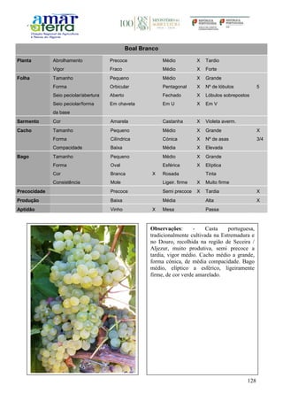 128
Boal Branco
Planta Abrolhamento Precoce Médio X Tardio
Vigor Fraco Médio X Forte
Folha Tamanho Pequeno Médio X Grande
Forma Orbicular Pentagonal X Nº de lóbulos 5
Seio peciolar/abertura Aberto Fechado X Lóbulos sobrepostos
Seio peciolar/forma
da base
Em chaveta Em U X Em V
Sarmento Cor Amarela Castanha X Violeta averm.
Cacho Tamanho Pequeno Médio X Grande X
Forma Cilíndrica Cónica X Nº de asas 3/4
Compacidade Baixa Média X Elevada
Bago Tamanho Pequeno Médio X Grande
Forma Oval Esférica X Elíptica
Cor Branca X Rosada Tinta
Consistência Mole Ligeir. firme X Muito firme
Precocidade Precoce Semi precoce X Tardia X
Produção Baixa Média Alta X
Aptidão Vinho X Mesa Passa
Observações: - Casta portuguesa,
tradicionalmente cultivada na Estremadura e
no Douro, recolhida na região de Seceira /
Aljezur, muito produtiva, semi precoce a
tardia, vigor médio. Cacho médio a grande,
forma cónica, de média compacidade. Bago
médio, elíptico a esférico, ligeiramente
firme, de cor verde amarelado.
 