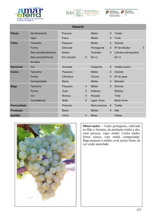 137
Assario
Planta Abrolhamento Precoce Médio X Tardio
Vigor Fraco Médio X Forte
Folha Tamanho Pequeno Médio X Grande
Forma Orbicular Pentagonal X Nº de lóbulos 3
Seio peciolar/abertura Aberto Fechado X Lóbulos sobrepostos
Seio peciolar/forma
da base
Em chaveta X Em U Em V
Sarmento Cor Amarela Castanha X Violeta averm.
Cacho Tamanho Pequeno Médio X Grande
Forma Cilíndrica Cónica X Nº de asas
Compacidade Baixa Média X Elevada
Bago Tamanho Pequeno X Médio X Grande
Forma Oval X Esférica Elíptica
Cor Branca X Rosada Tinta
Consistência Mole X Ligeir. firme Muito firme
Precocidade Precoce Semi precoce X Tardia
Produção Baixa Média X Alta
Aptidão Vinho X Mesa Passa
Observações: - Casta portuguesa, cultivada
no Dão e Alentejo, de produção média a alta,
semi precoce, vigor médio. Cacho médio,
forma cónica, com média compacidade.
Bago pequeno a médio, oval, pouco firme, de
cor verde amarelado.
 