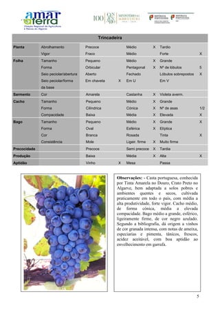 5
Trincadeira
Planta Abrolhamento Precoce Médio X Tardio
Vigor Fraco Médio Forte X
Folha Tamanho Pequeno Médio X Grande
Forma Orbicular Pentagonal X Nº de lóbulos 5
Seio peciolar/abertura Aberto Fechado Lóbulos sobrepostos X
Seio peciolar/forma
da base
Em chaveta X Em U Em V
Sarmento Cor Amarela Castanha X Violeta averm.
Cacho Tamanho Pequeno Médio X Grande
Forma Cilíndrica Cónica X Nº de asas 1/2
Compacidade Baixa Média X Elevada X
Bago Tamanho Pequeno Médio X Grande X
Forma Oval Esférica X Elíptica
Cor Branca Rosada Tinta X
Consistência Mole Ligeir. firme X Muito firme
Precocidade Precoce Semi precoce X Tardia
Produção Baixa Média X Alta X
Aptidão Vinho X Mesa Passa
Observações: - Casta portuguesa, conhecida
por Tinta Amarela no Douro, Crato Preto no
Algarve, bem adaptada a solos pobres e
ambientes quentes e secos, cultivada
praticamente em todo o país, com média a
alta produtividade, forte vigor. Cacho médio,
de forma cónica, média a elevada
compacidade. Bago médio a grande, esférico,
ligeiramente firme, de cor negro azulado.
Segundo a bibliografia, dá origem a vinhos
de cor granada intensa, com notas de ameixa,
especiarias e pimenta, tânicos, frescos,
acidez aceitável, com boa aptidão ao
envelhecimento em garrafa.
 
