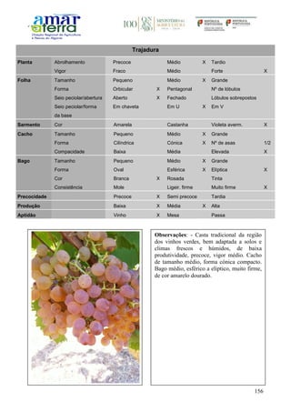 156
Trajadura
Planta Abrolhamento Precoce Médio X Tardio
Vigor Fraco Médio Forte X
Folha Tamanho Pequeno Médio X Grande
Forma Orbicular X Pentagonal Nº de lóbulos
Seio peciolar/abertura Aberto X Fechado Lóbulos sobrepostos
Seio peciolar/forma
da base
Em chaveta Em U X Em V
Sarmento Cor Amarela Castanha Violeta averm. X
Cacho Tamanho Pequeno Médio X Grande
Forma Cilíndrica Cónica X Nº de asas 1/2
Compacidade Baixa Média Elevada X
Bago Tamanho Pequeno Médio X Grande
Forma Oval Esférica X Elíptica X
Cor Branca X Rosada Tinta
Consistência Mole Ligeir. firme Muito firme X
Precocidade Precoce X Semi precoce Tardia
Produção Baixa X Média X Alta
Aptidão Vinho X Mesa Passa
Observações: - Casta tradicional da região
dos vinhos verdes, bem adaptada a solos e
climas frescos e húmidos, de baixa
produtividade, precoce, vigor médio. Cacho
de tamanho médio, forma cónica compacto.
Bago médio, esférico a elíptico, muito firme,
de cor amarelo dourado.
 