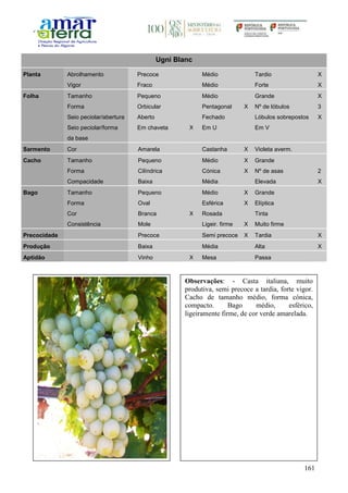 161
Ugni Blanc
Planta Abrolhamento Precoce Médio Tardio X
Vigor Fraco Médio Forte X
Folha Tamanho Pequeno Médio Grande X
Forma Orbicular Pentagonal X Nº de lóbulos 3
Seio peciolar/abertura Aberto Fechado Lóbulos sobrepostos X
Seio peciolar/forma
da base
Em chaveta X Em U Em V
Sarmento Cor Amarela Castanha X Violeta averm.
Cacho Tamanho Pequeno Médio X Grande
Forma Cilíndrica Cónica X Nº de asas 2
Compacidade Baixa Média Elevada X
Bago Tamanho Pequeno Médio X Grande
Forma Oval Esférica X Elíptica
Cor Branca X Rosada Tinta
Consistência Mole Ligeir. firme X Muito firme
Precocidade Precoce Semi precoce X Tardia X
Produção Baixa Média Alta X
Aptidão Vinho X Mesa Passa
Observações: - Casta italiana, muito
produtiva, semi precoce a tardia, forte vigor.
Cacho de tamanho médio, forma cónica,
compacto. Bago médio, esférico,
ligeiramente firme, de cor verde amarelada.
 