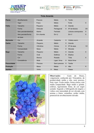 8
Tinta Amarela
Planta Abrolhamento Precoce Médio X Tardio
Vigor Fraco Médio Forte X
Folha Tamanho Pequeno Médio X Grande
Forma Orbicular Pentagonal X Nº de lóbulos 3/5
Seio peciolar/abertura Aberto Fechado Lóbulos sobrepostos X
Seio peciolar/forma
da base
Em chaveta Em U Em V X
Sarmento Cor Amarela Castanha X Violeta averm.
Cacho Tamanho Pequeno Médio X Grande
Forma Cilíndrica Cónica X Nº de asas 1/2
Compacidade Baixa Média X Elevada
Bago Tamanho Pequeno Médio X Grande X
Forma Oval Esférica X Elíptica
Cor Branca Rosada Tinta X
Consistência Mole Ligeir. firme X Muito firme
Precocidade Precoce Semi precoce X Tardia
Produção Baixa Média X Alta X
Aptidão Vinho X Mesa Passa
Observações: - Casta do Douro,
vulgarmente conhecida por Trincadeira, de
produtividade média a alta, semi precoce,
forte vigor. Cacho médio, forma cónica, com
média compacidade. Bago médio a grande,
esférico, ligeiramente firme, de cor negro
azulado. Segundo a bibliografia dá origem a
vinhos com intensidade de cor elevada, com
aromas a frutos vermelhos, acidez média,
potencial de envelhecimento elevado.
 